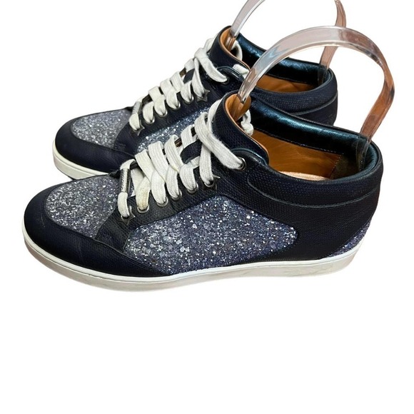 Jimmy Choo Sneakers Leather‎ Navy Blue Glitter Low Top Size 35.5 - Picture 3 of 8